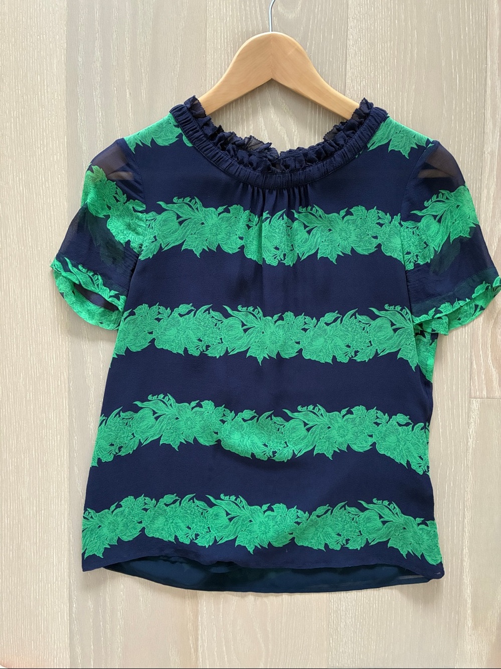 J. Crew Silk Ruffle Top in Beanstalk Stripe Blue Green Floral [Size 0]